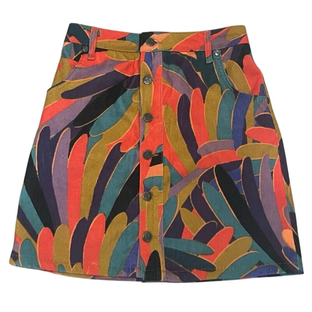70s Retro Colorful Tribal Boho Button Up Anthropologie Corduroy Skirt (XS)